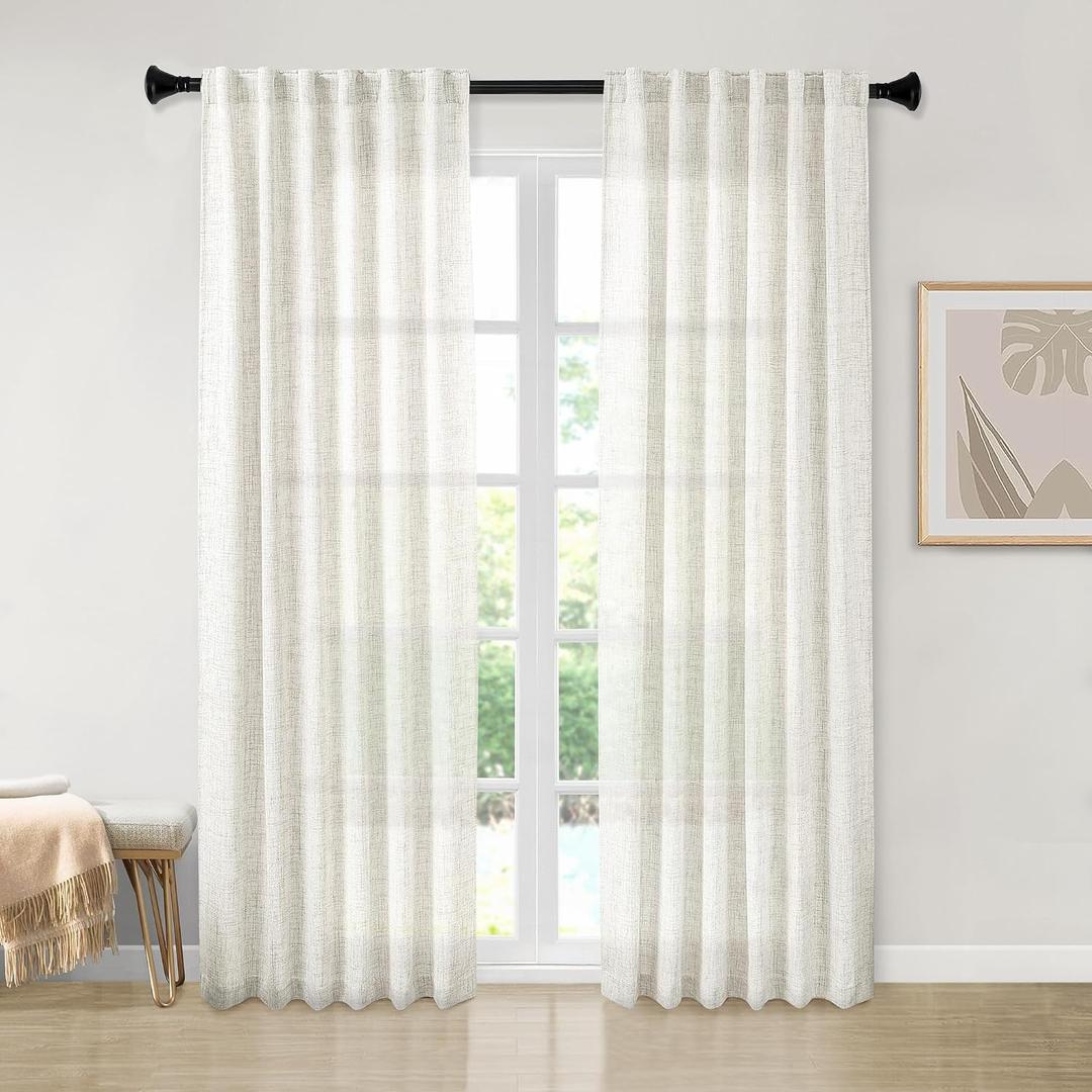 94 Inches Long Semi Sheer Linen Curtains for Living Room 2 Panels, Back Tab Rod Pocket Linen Blend Drapes Modern Airy Privacy Cream Curtains for Bedroom Cottage Farmhouse Decor 50x94 Length