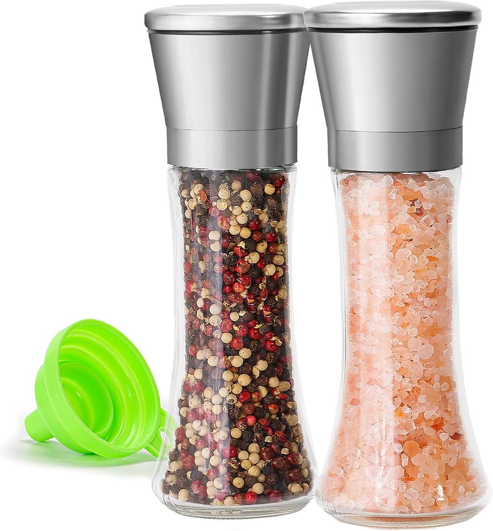M JINGMEI Premium Stainless Steel Sea Salt and Pepper Grinder Set of 2 - Adjustable Ceramic - Tall Glass Salt and Pepper Shakers - Pepper Mill & Salt Mill W/Funnel (2.6"W x 7.5"H)