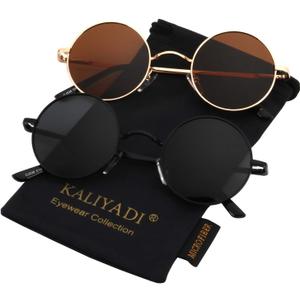 KALIYADI Round Polarized Sunglasses for Men Women Retro Metal Hippie Circle Style Sun Glasses UV Protection (B14-black Frame Black Lens + Golden Frame Brown Lens)