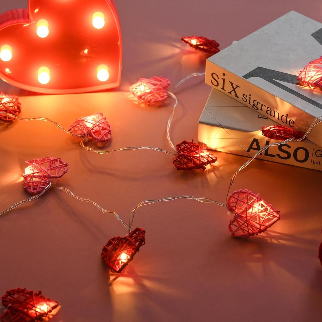 [Timer] Valentines Day Garland Lights Red Pink Heart Light 10FT 20LED 3D Hollowed Rattan Heart String Light Battery Operated, Valentines Day Lights Romantic Valentine Decoration Bedroom Party (9.84 Feet-20LED)