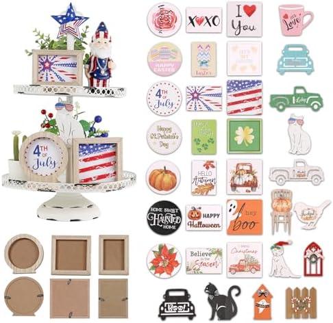 Rustic Interchangeable Tiered Tray Decor Kit with 3 Frames Multi Piece Double Sided Cards and Wood Signs for Seasonal Holiday Home Decor