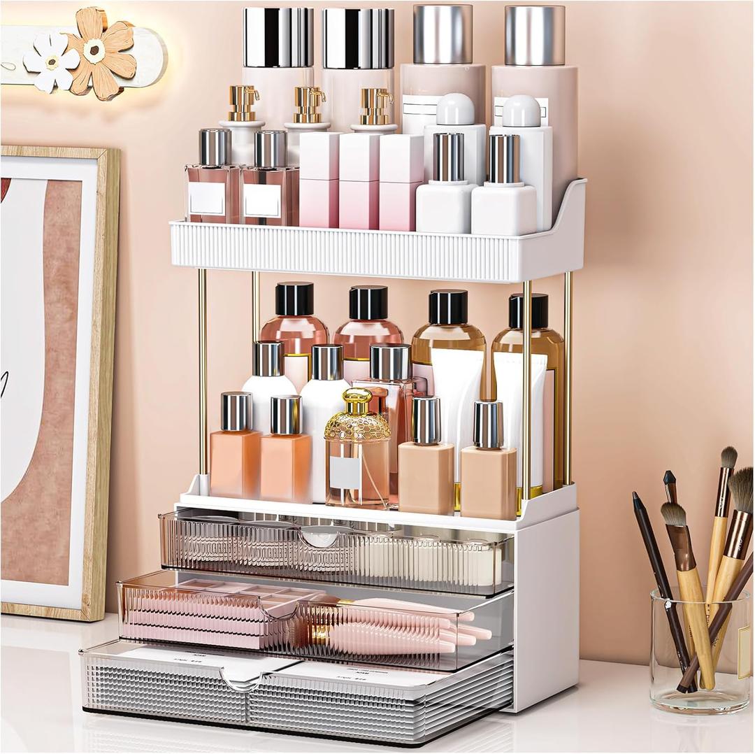 caktraie Bathroom Organizers and Storage - 3 Drawers 2 Tier Makeup Organizer, Cosmetic Storage Drawer for Dresser Countertop and Bathroom Vanity for Large Skincare, Perfume, Grey (1 PACK)