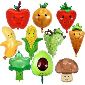 10 Pcs Fruit Balloons and Vegetable Balloons - Large Apple Orange Strawberry Grape Mushroom Banana Avocado Corn Carrot Broccoli Mylar Foil Balloons, Fruit Theme Birthday Party Decorations Supplies
