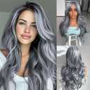 Jolelyne Silver Gray Ombre Highlight Wigs Layered Wavy Wig with Curtain Bangs for White Black Women Light Grey Body Wave Natural wavy Long Hair for Women Synthetic Silver Highlight Gray 24inch