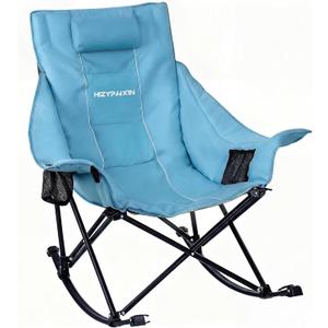 Oversized Rocking Camping Chair for Adults with Headrest, Portable Rocking Chair with Cup Holder, Side Pocket & Carry Bag, 400 lbs Heavy Duty Outdoor Rocker Chair for Camp, Patio, Blue