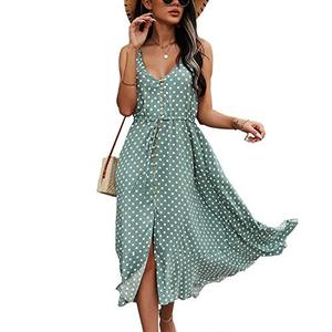 BROVAVE Women's 2025 Summer Casual Boho Sundress Polka Dot Spaghetti Strap V Neck Flowy Midi Dresses(008 Green, Small)