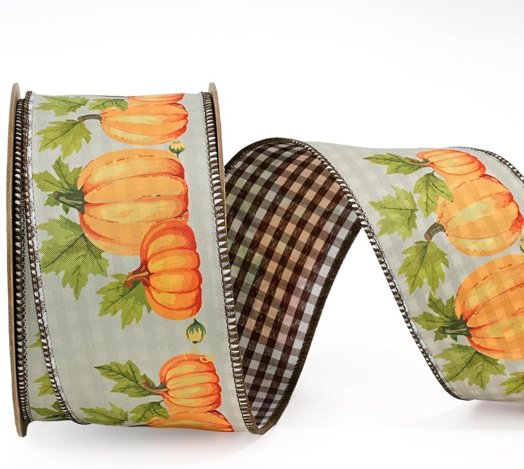 LaRibbons Fall Pumpkin Ribbon Wired 2 1/2" x 10 Yards Reversible Pumpkin Gingham Ribbon for Autumn Wreath Thanksgiving Farm Gift Wrapping Home Decor
