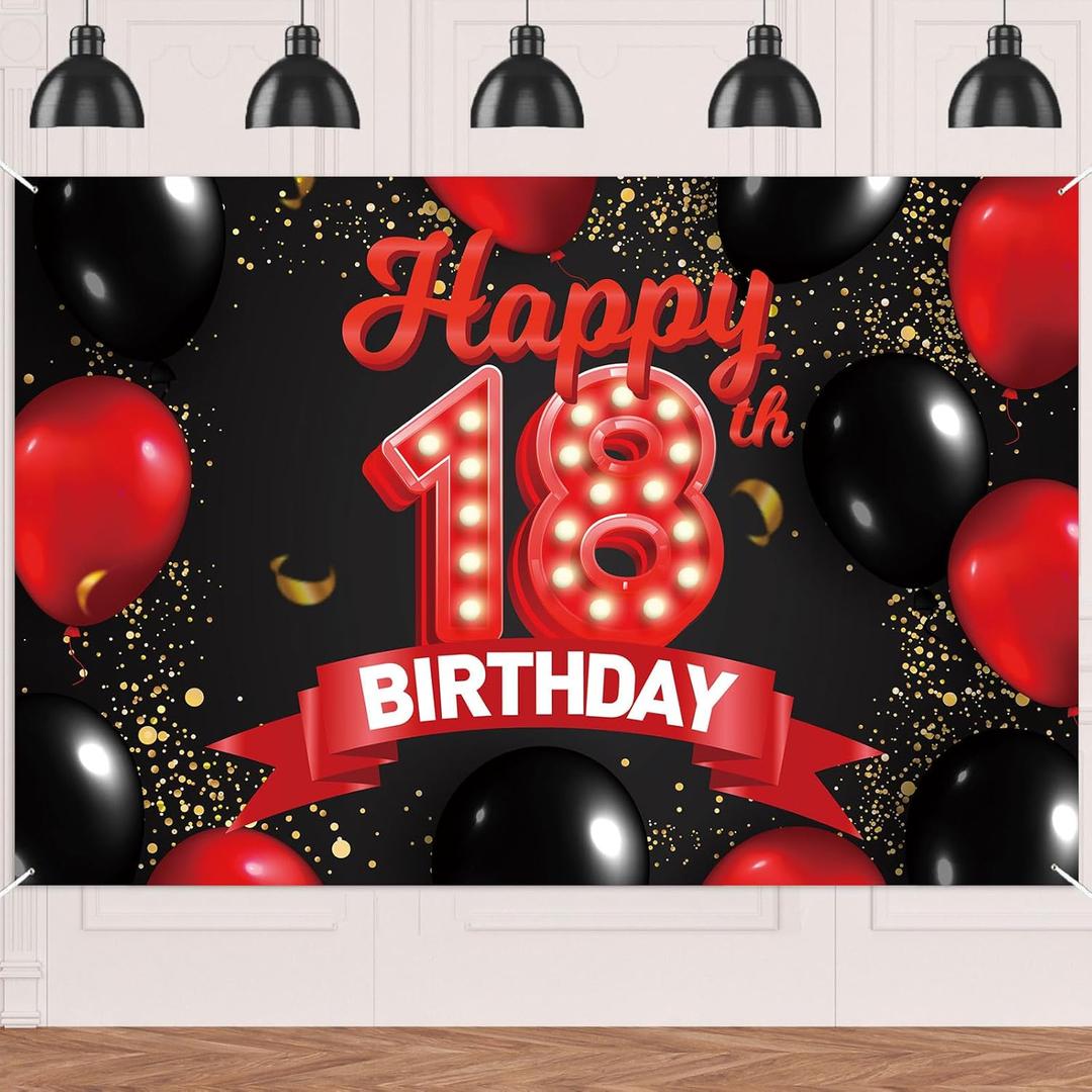 Happy 18th Birthday Red and Black Banner Backdrop Balloons Theme Decor Decorations for Girls Women Princess 18 Years Old Birthday Party Bday Supplies Photo Booth Props Background Favors Glitter Gold
