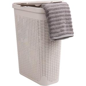 Mind Reader Slim Laundry Hamper with Lid, 40L Clothes Basket, Narrow Tapered Design with Ventilated Cutout Pattern, Plastic, Ivory