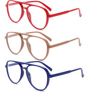 DXYXYO 3 Pack Retro Aviator Reading Glasses for Women, Mens Lightweight Blue Light Blocking Computer Readers (Red+blue+khaki)