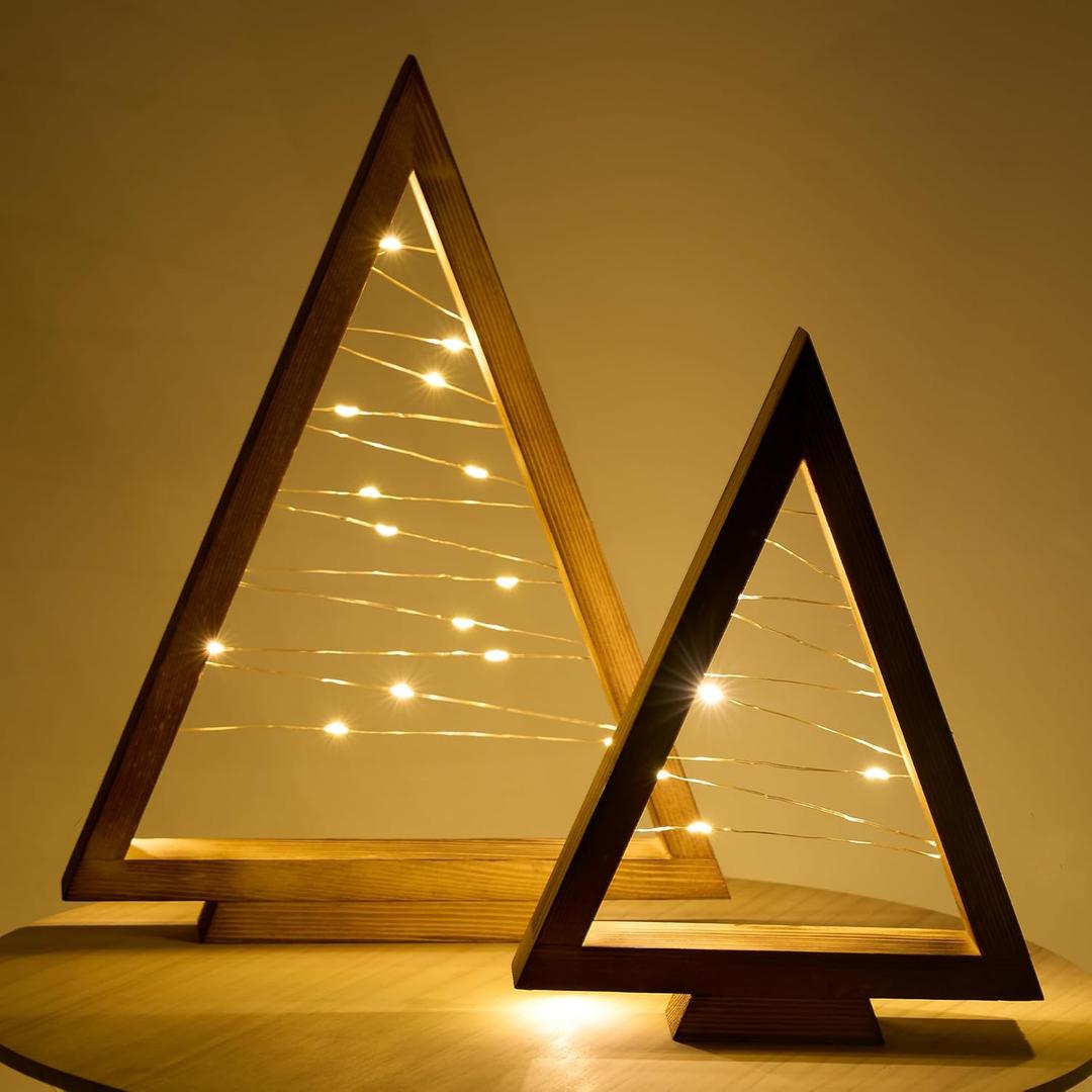 GENMOUS 2 Pcs Wooden Christmas Trees, Small Farmhouse Tabletop Christmas Decor with Light, Triangle Christmas Tree Shaped Decoration for Fireplace Mantel Shelf, Rustic Indoor Bedroom Holiday Decor