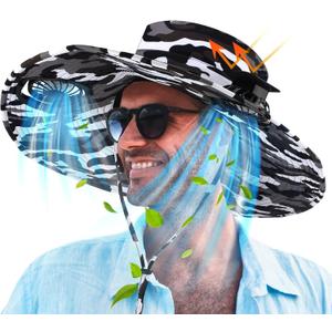 Berlune Men Sun Hat with 2 Solar Fan Fishing Wide Brim Sun Hat for Beach Outdoor Summer Camping, USB & Solar Powered (Black and White)