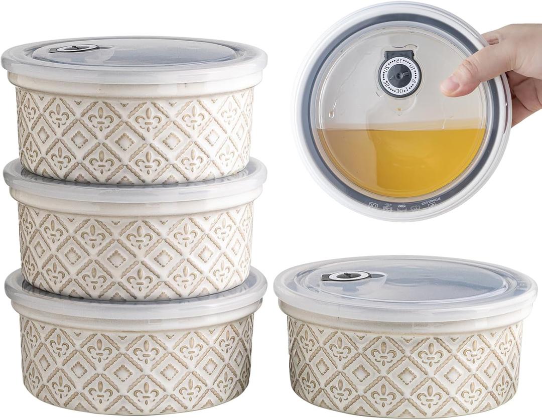 40 Oz Ramekins Ceramic Airtight Bowls Set of 4 - Large Mixing Bowls with Lids Set for Salad, Pho, Soup, Pasta, Dessert, Serving, Oatmeal, Baking Dishes, Dishwasher & Microwave Safe, Beige