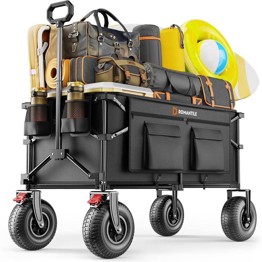 All-Terrain Beach Wagon with 9x3.5IN Big Inflatable Rubber Wheels for Sand, 240L Collapsible Wagon Cart, 450lbs Heavy Duty, Quiet Smooth Ride, Puncture-Resistant Tires, Side Pockets, Black