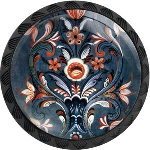 4 Pack Norwegian Rosemaling Folk Style Blue Flower Cabinet Knobs Round Drawer Pulls Black Dresser Knob Cupboard Door Handles Hardware for Kitchen Bathroom Cabinets