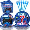 96Pcs 7th Video Game Birthday Party Decorations Blue Video Game Level Birthday Plates and Napkins Tableware Sets for Boys 7 Years Old Gamer Gaming Party Serves 24