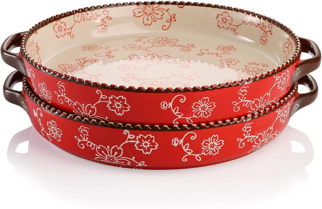 AVLA 2 Pack Ceramic Pie Pan, 9 Inch Round Baking Dish with Double Handle, 28 Ounce Deep Quiche Plate for Kitchen, Cooking, Roasting Lasagna (Sakura, Red)