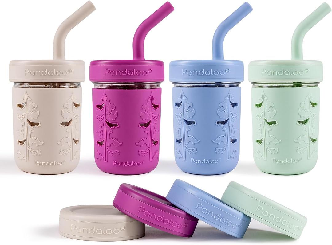 Pandaloo Mason Jar Toddler Cup | 8 oz Glass Cups with Silicone Sleeve & Lids | Spill-Resistant Smoothie & Snack Cups for Kids | BPA-Free | Stainless Steel Inner Straw