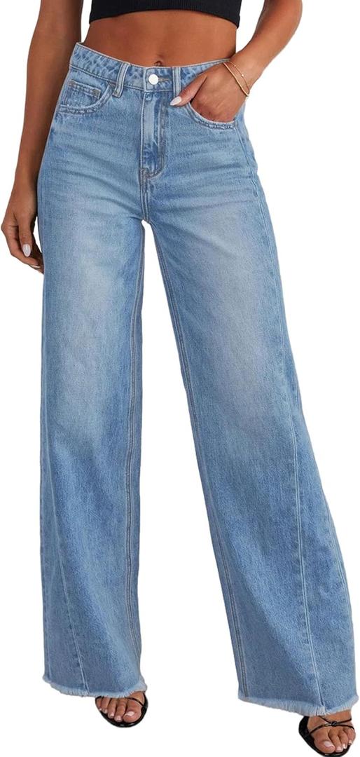 PRETTYGARDEN Wide Leg Jeans for Women Trendy High Waisted Stretchy Baggy Raw Hem Denim Palazzo Pants 2026 Spring Fall Clothes (Blue, 14)