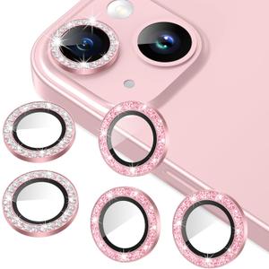 AGVEE 3+3 6 Pack Camera Lens Protector Compatible with iPhone 15/15 Plus, Bling Diamond & Glitter Metal Ring 9H Tempered HD Glass Camera Protector Cover Film, Bling-Pink