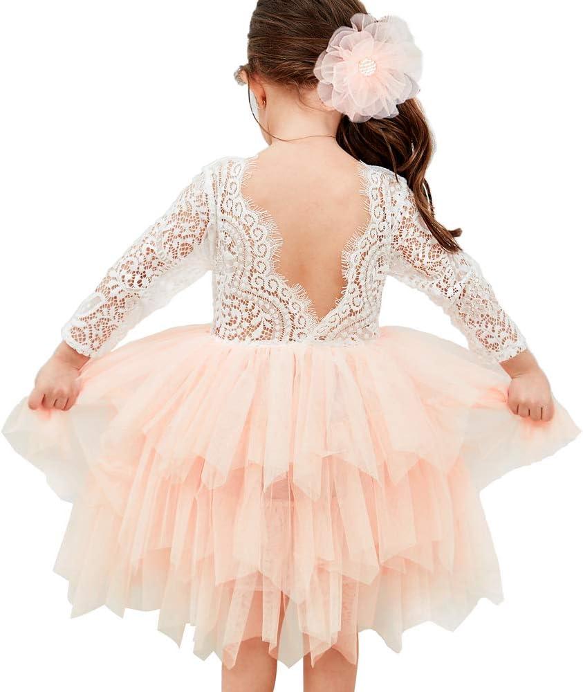 Topmaker Flower Girl Dress for Toddler Baby Girls,Lace Tulle Princess Dress for Wedding, Birthday Party, Photoshoot, Formal Events,Special Occasion (1T, Sleeve-Pink)