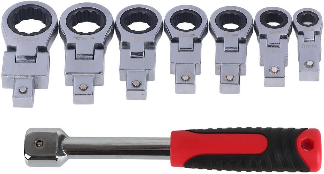 8PCS Flexible Ratchet Wrenches, Flex Head Flare Nut Wrench Set 8 to 19mm Ratchet Wrench Tools with Interchangeable Heads for Maintenance Mechanic Repair