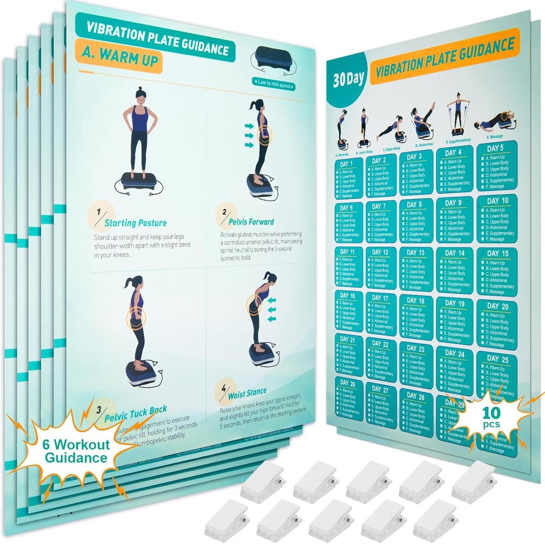 Vibration Plate Exercise Machine Poster - Upgraded 6 Workout Guidance & 10 Pcs Planner & 10 Pcs Double-Sided Clips, Comprehensive Whole Body Wave Vibrating Workout Chart (Green)