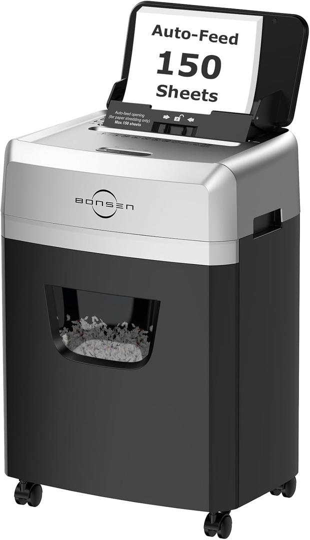 Bonsen Paper Shredder for Office, 150-Sheet Autofeed Heavy Duty Shredder for Home Office Use, 60 Minutes/Micro Cut/P-4 High Security Level/6 Gallon Large Bin (150-Sheet Auto Feed)