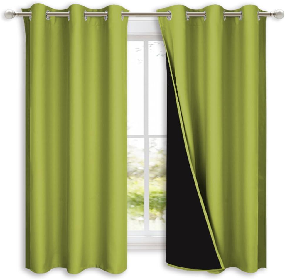 NICETOWN 100% Blackout Short Curtains with Black Liners, 2 Panels, 37" W by 40" L, Fresh Green, Solid Thermal Insulated Full Blackout 2-Layer Lined Drapes, Energy Efficiency Window Drapes for Bedroom
