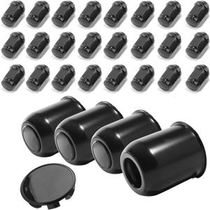 4-Pack Trailer Push Through Center Caps and Trailer Wheel Lug Sets - 3.74in Wheel Center Caps Matte Black Wheel Cover Stainless Steel Hub Cap with 24 Black Capped 1/2-20 Lug Nuts for Truck RV