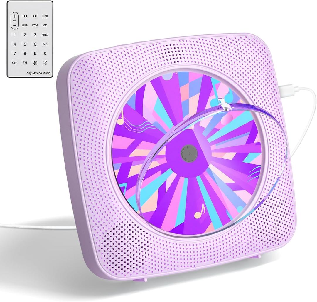 CD Player with Speakers CD Players for Home: Desktop Wall CD Player Bluetooth Portable Kegaudio with Dust Cover FM Radio USB AUX Jack Remote Control (Purple)