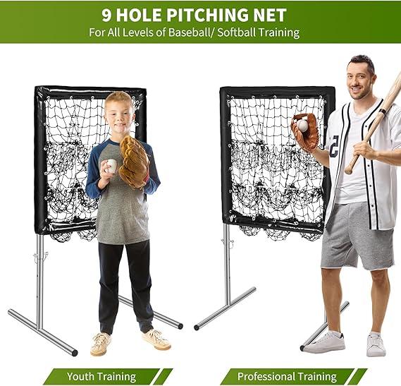 Pitching Net, 9 Hole Pitching Net With Strike Zone Baseball Softball Pitching Target Adjustable Training Equipment For Hitting Pitching