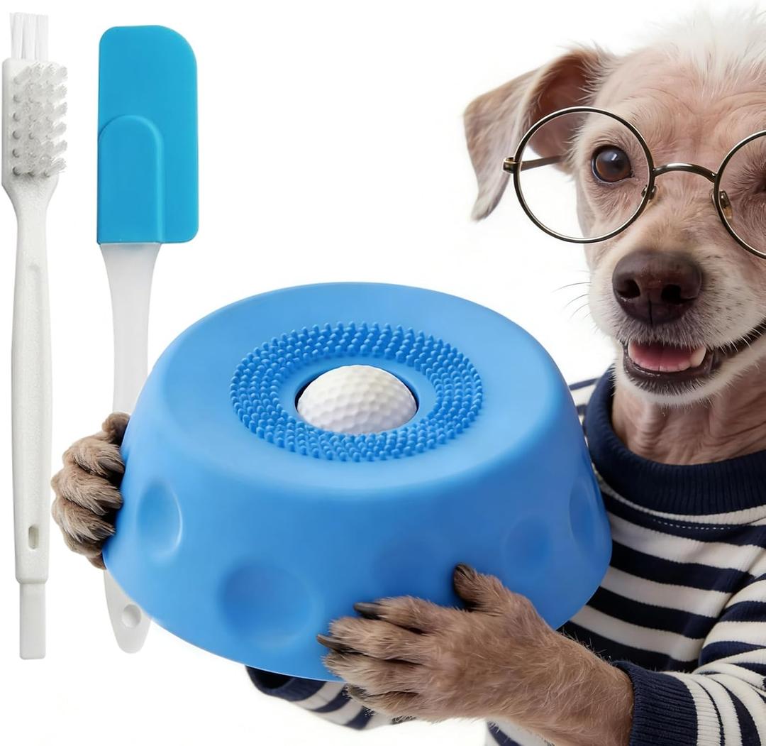 Slow Feeder Dog Bowl with Rolling Ball, Interactive Lick Bowl, Non-Slip, Spatula & Cleaning Brush Set, Anxiety Relief Toy (Blue)
