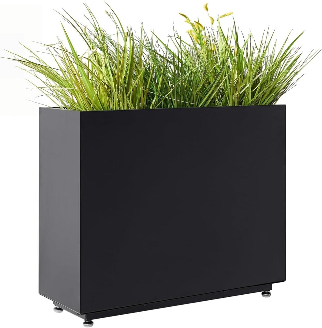 Tall & Long Metal Planter with Middle Shelf - 30W x 11D x 24H Black Rectangular Outdoor Planter Box, Span Divider for Garden, Patio, Yard | Easy 5-Min Assembly, Drainage Holes, Adjustable Feet