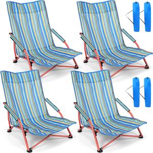 Wenqik 4 Pcs Low Seat Blue Plastic High Back Reclining Beach Chairs with Carry Bag Portable for Outdoor Beach Camping Lawn(Green)