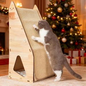Enhanced Wood-Framed Cat Scratching Post: Large Sisal Cat Scratcher, Integrated Scratch Post Pad Condo Tunnel House. All-in-One Space Saver for Multi-Cat & Budget-Friendly Homes (32in)