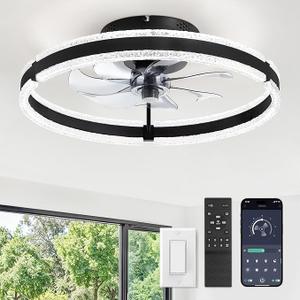 LEDIARY Ceiling Fans with Lights and Remote, 20'' Low Profile Ceiling Fan with Light, 3000-6000K Dimmable Fandelier Ceiling Fans, Modern Flush Mount Fan Light for Bedroom with 6 Wind Speeds- Black