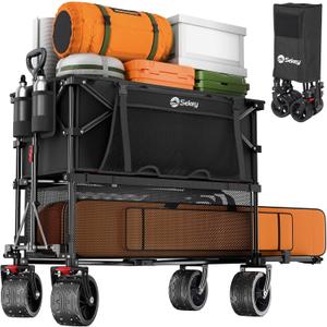 400L Large Capacity Folding Double Decker Wagon with Brakes, 48" Extra Long Extender Cart, 500lbs Heavy Duty Collapsible Wagons, All-Terrain Big Wheels for Camping, Sports, Shopping. Black