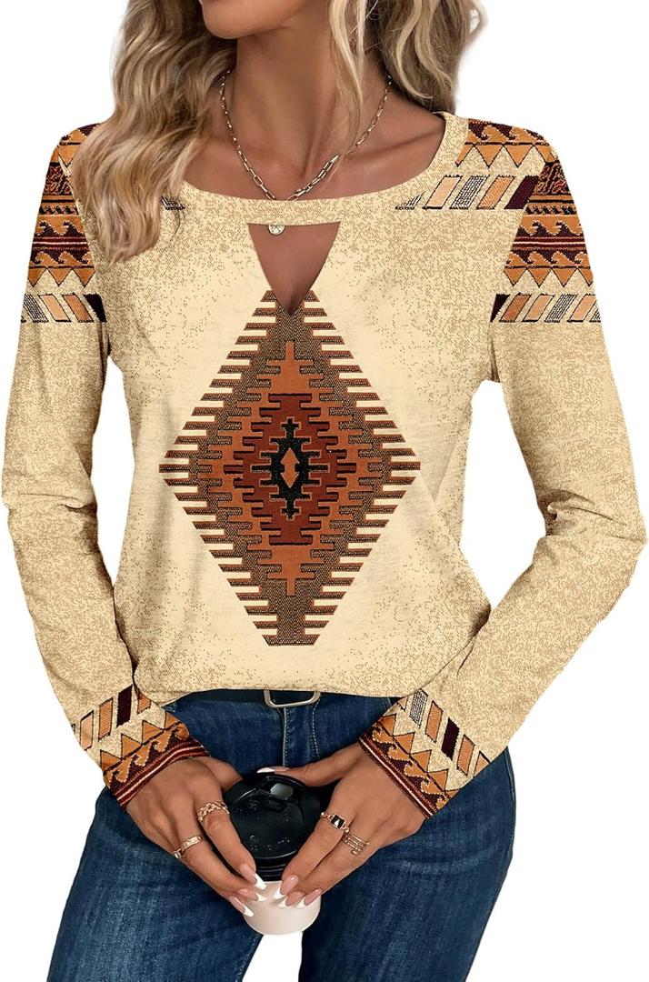 Binshre Western Country Concert Outfits Women Long Sleeve Keyhole Sexy V Neck T Shirts Vintage Rodeo Cowgirl Graphic Tees (Medium)