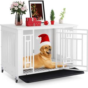 DWVO Dog Crate Furniture with Wheels, 38 Inch Dog Kennel Indoor Heavy Duty End Table Dog Crate for Large Medium Dogs, Decorative Wooden Dog Cage Table with Removable Tray, Chew-Resistant, White