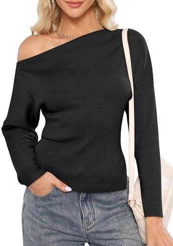 OUKODS Women's Off Shoulder Sweaters 2025 Fall Long Batwing Sleeve Loose Fit Knit Tops Casual Pullovers Jumpers Size S