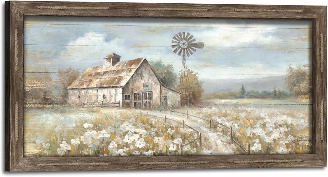 Barn Wall Art Wooden Picture: Farmhouse Windmill Rustic Framed Artwork Country Landscape Painting Farm Rural Print Decorations for Living Room Home (48L" x 24W")