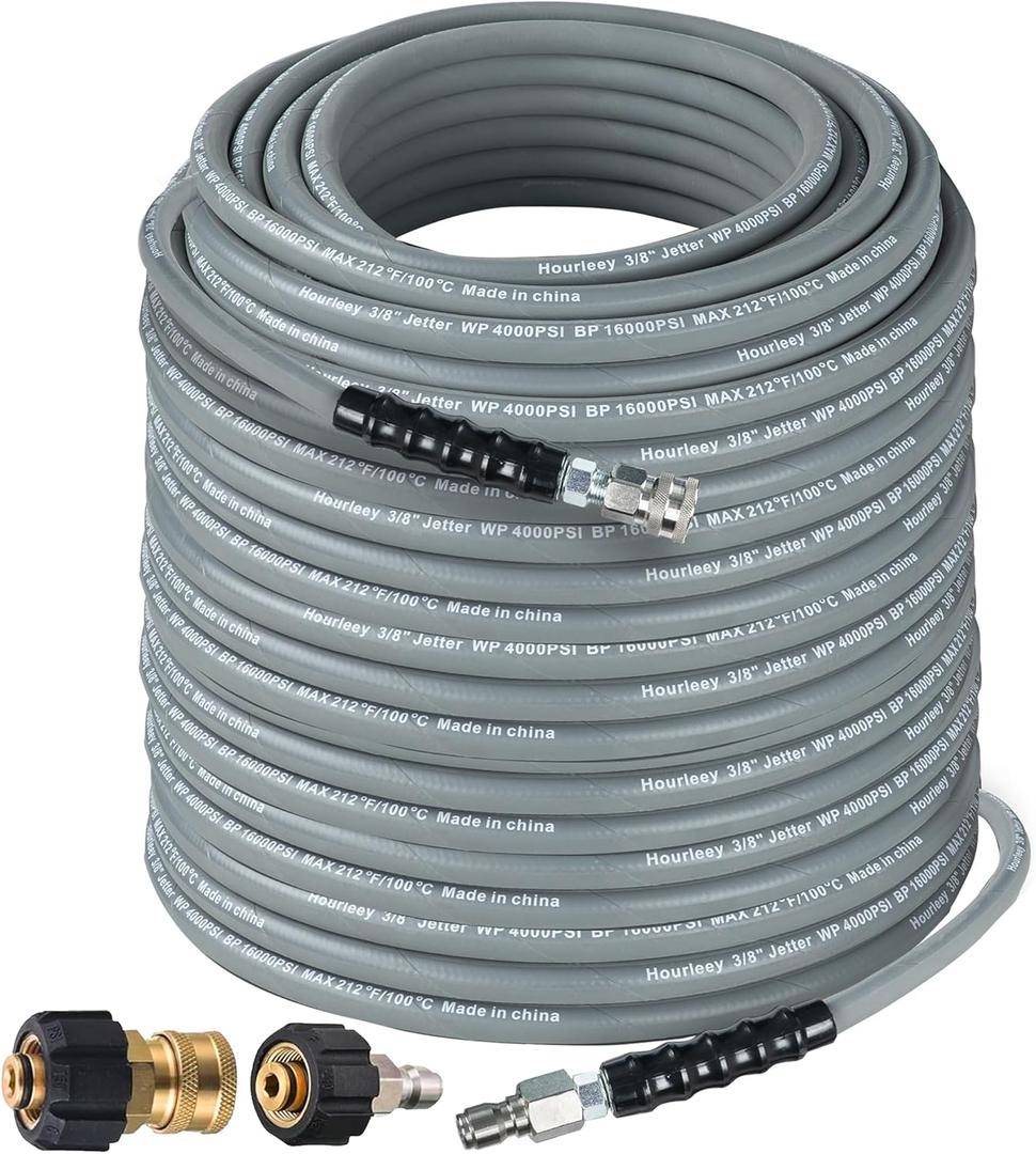 Hourleey Pressure Washer Hose 100FT, Kink Resistant High Tensile Wire Power Washer Hose, Rubber Wire Braided with 3/8" Quick Connect for Hot/Cold Water, 4000 PSI, Gray