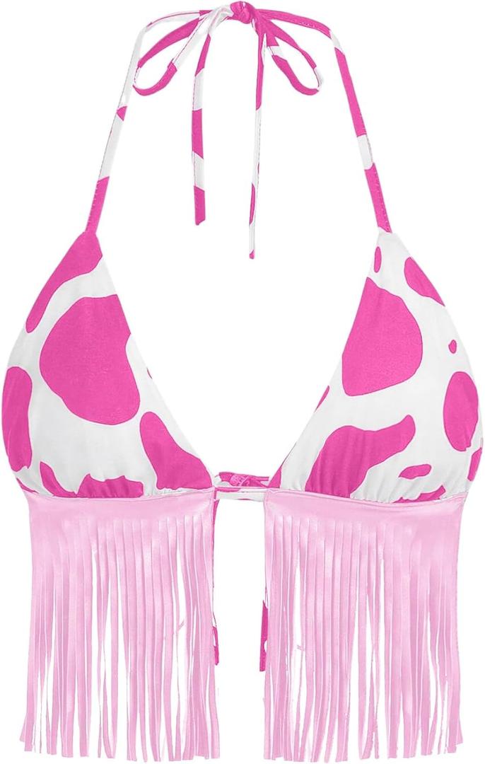 Women Western Cowgirl Fringe Top - Country Concert Outfits Sexy Halter Cow Print Festival Rodeo Rave Tank Shirt (Cow Pink White, XS)