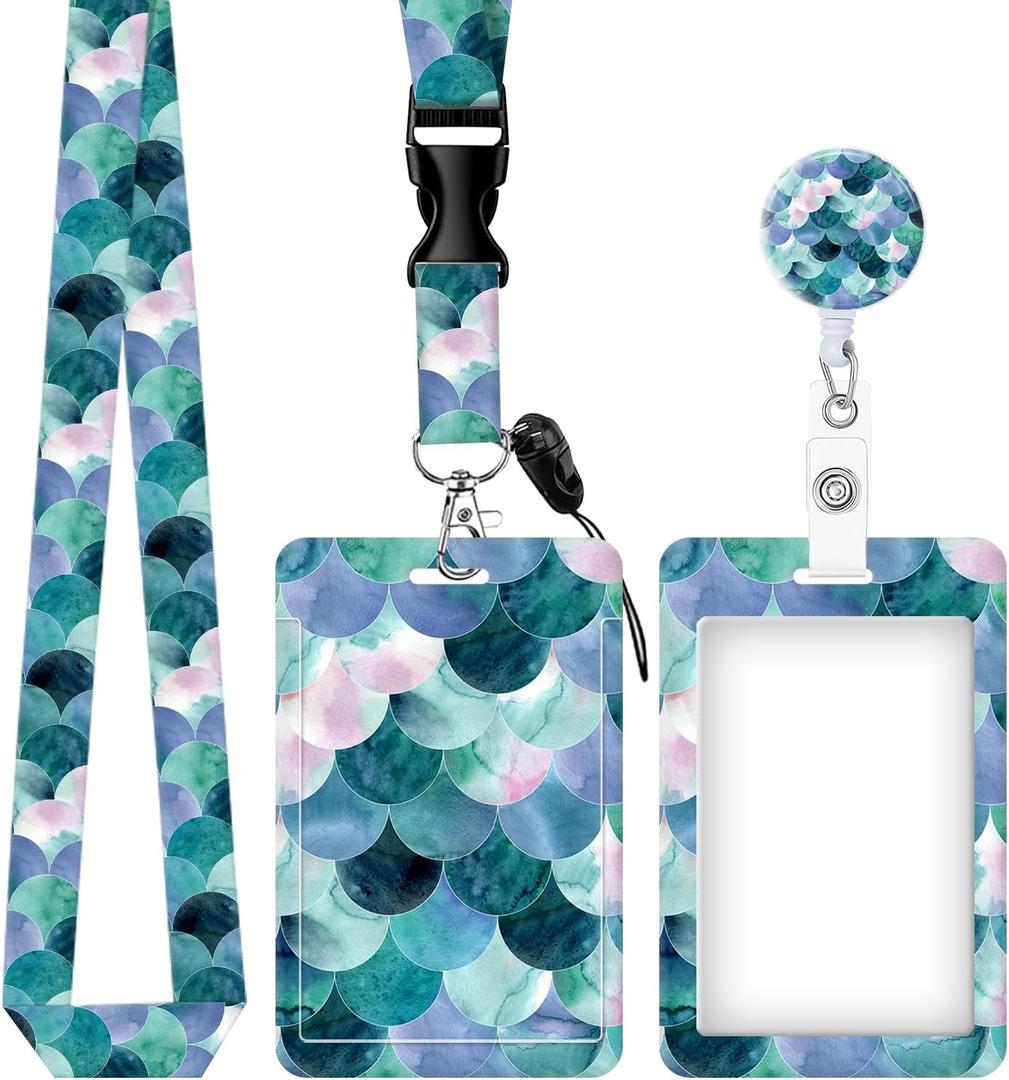 ID Badge Holder with Retractable and Detachable Lanyard, Cute Badge Reel Breakaway Lanyard with Carabiner Clip for Teachers, Nurses, Perfect Work and Office(Beautiful Green Mermaid Scales)