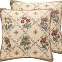 patdrea Designer Throw Pillow Covers Set of 2,Square Euro Retro Style Light Brown Linen with Floral Pattern Pillow Cover,Decorative Pillowcases Cushion for Bed Living Room Outdoor Car,18"x18"