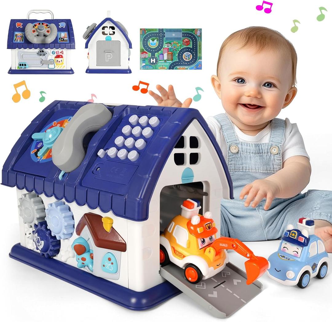 Boys Toys 1 Year Old, 8 in 1 Sensory Toys for Toddlers 1-3, Early Educational Learning Toy for 12-18 Months with Music/Lights/Sound/Clock/Car and Map/Telephone (Blue)