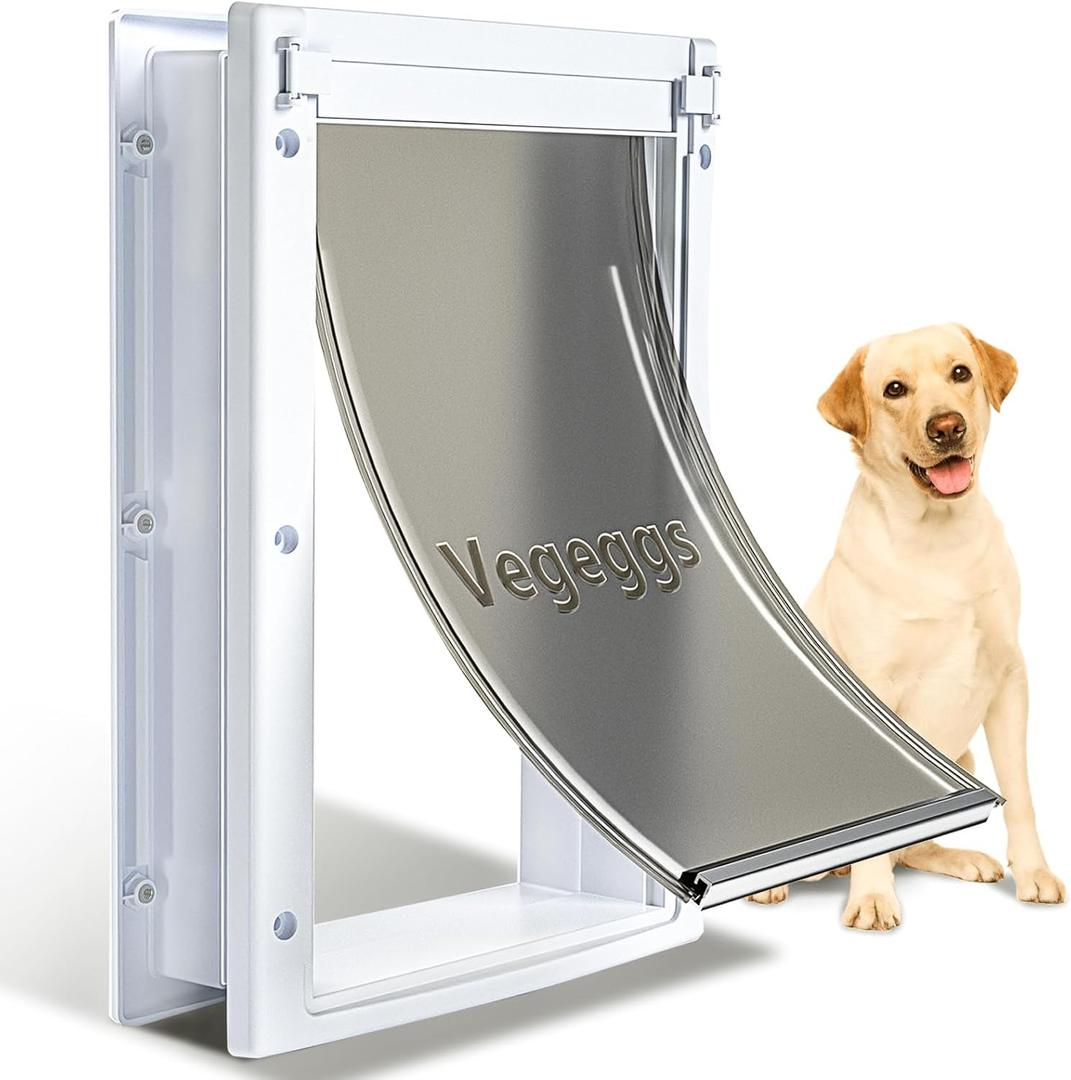 Dog Door Doggy Door Easy Install - Wood & PVC Doors & WallsDgooie Free Movement & Flexible Control - 2 Magnetic Flaps & Sliding Lock,Telescoping Frame,10 1/8" x 15 3/4" for Large Dogs Up to 100 lb L White