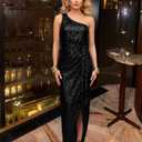 Zeflows Womens One Shoulder Sequin Prom Maxi Dress Ruched Bodycon Sparkly Glitter Slit Party Evening Dress, Black-L (Black, L)