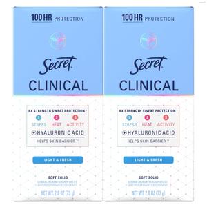 Secret Clinical Strength 100HR Sweat & Odor, Soft Solid Antiperspirant Deodorant for Women, 3X Stress Protection with Hyaluronic Acid, PH Balanced, Light & Fresh Scent, 2.6 oz (Pack of 2)